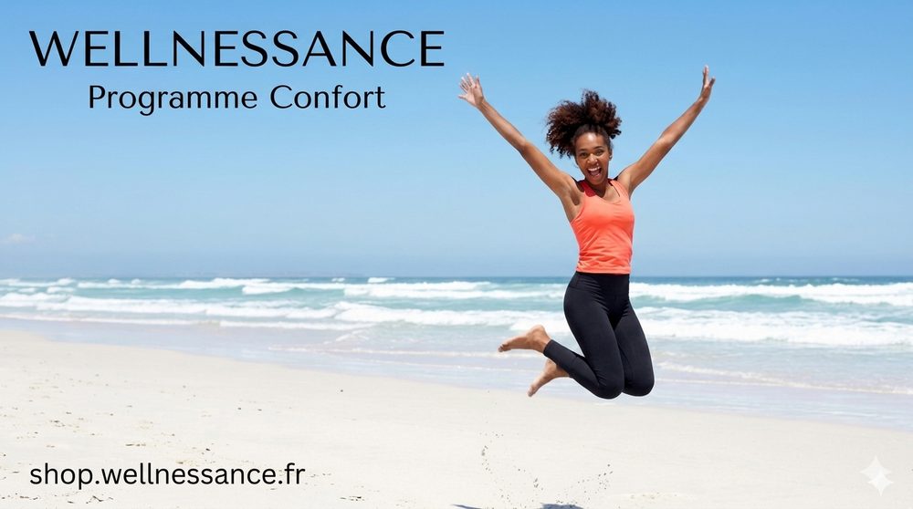 confort_programme_wellnessance_femme_noire_sautant_de_joie_mer_plage